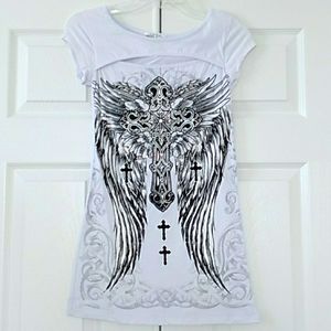 LAST ONE!! White Bling Cross Angel Wing Peek A Boo Top